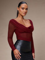 Silquee Women's Solid Color Plunging Neck Long Sleeve Fitted Fashionable Mesh Blouse See Through Top Mesh Top Top Long Sleeve Top