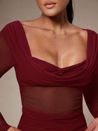 Silquee Women's Solid Color Plunging Neck Long Sleeve Fitted Fashionable Mesh Blouse See Through Top Mesh Top Top Long Sleeve Top