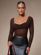 Silquee Women's Solid Color Plunging Neck Long Sleeve Fitted Fashionable Mesh Blouse See Through Top Mesh Top Top Long Sleeve Top