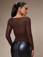 Silquee Women's Solid Color Plunging Neck Long Sleeve Fitted Fashionable Mesh Blouse See Through Top Mesh Top Top Long Sleeve Top