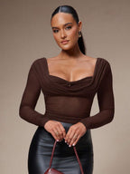 Silquee Women's Solid Color Plunging Neck Long Sleeve Fitted Fashionable Mesh Blouse See Through Top Mesh Top Top Long Sleeve Top