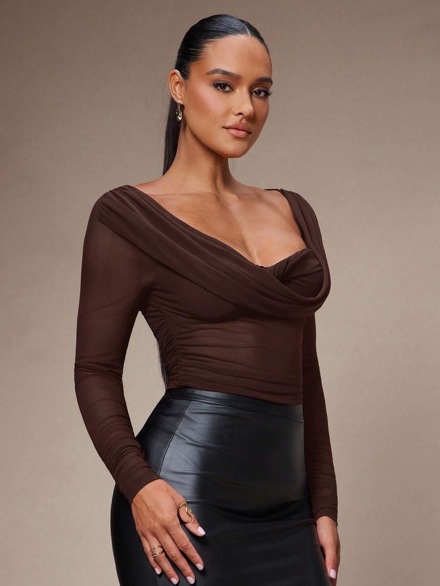 Silquee Women's Solid Color Plunging Neck Long Sleeve Fitted Fashionable Mesh Blouse See Through Top Mesh Top Top Long Sleeve Top