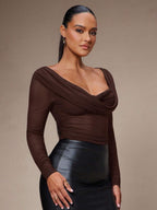 Silquee Women's Solid Color Plunging Neck Long Sleeve Fitted Fashionable Mesh Blouse See Through Top Mesh Top Top Long Sleeve Top