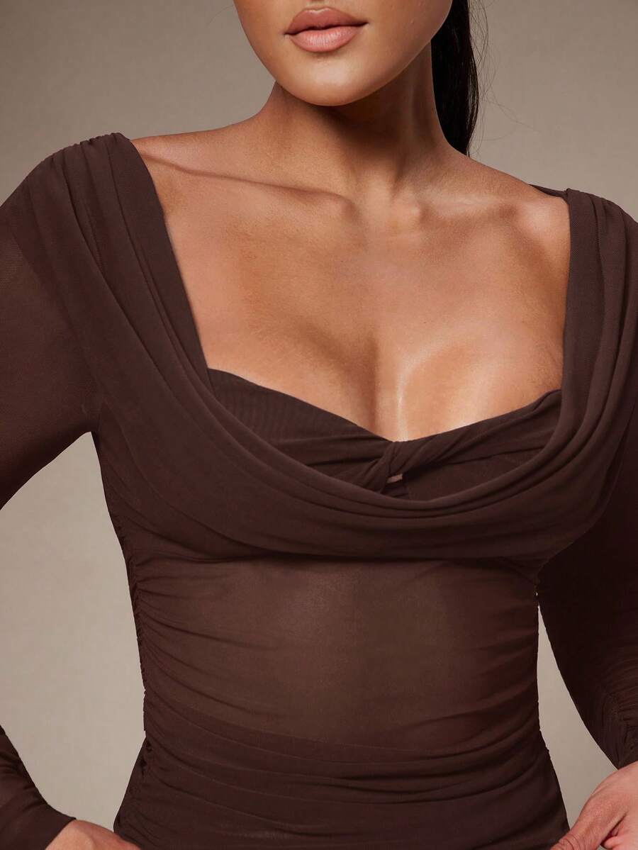 Silquee Women's Solid Color Plunging Neck Long Sleeve Fitted Fashionable Mesh Blouse See Through Top Mesh Top Top Long Sleeve Top
