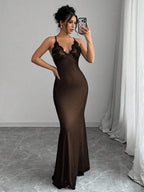 Selianne V-Neck Contrast Lace Backless Criss-Cross Strap Fishnet Mermaid Hem Bodycon Slip Dress For Women Maxi Women Outfit