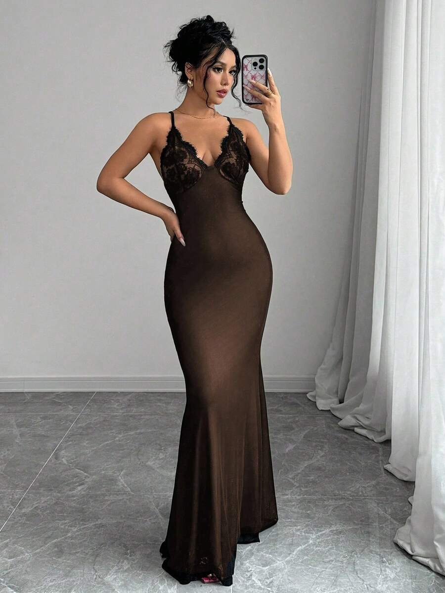 Selianne V-Neck Contrast Lace Backless Criss-Cross Strap Fishnet Mermaid Hem Bodycon Slip Dress For Women Maxi Women Outfit