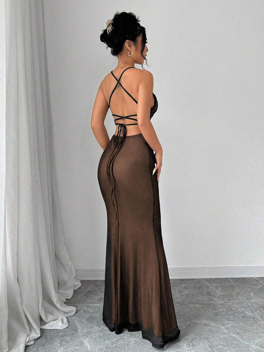 Selianne V-Neck Contrast Lace Backless Criss-Cross Strap Fishnet Mermaid Hem Bodycon Slip Dress For Women Maxi Women Outfit