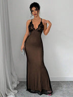 Selianne V-Neck Contrast Lace Backless Criss-Cross Strap Fishnet Mermaid Hem Bodycon Slip Dress For Women Maxi Women Outfit