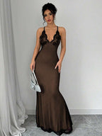 Selianne V-Neck Contrast Lace Backless Criss-Cross Strap Fishnet Mermaid Hem Bodycon Slip Dress For Women Maxi Women Outfit
