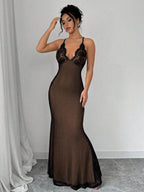 Selianne V-Neck Contrast Lace Backless Criss-Cross Strap Fishnet Mermaid Hem Bodycon Slip Dress For Women Maxi Women Outfit