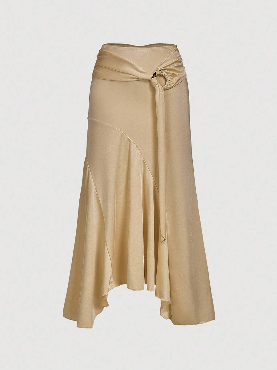 SHEIN MOD High Waist Ruffle Asymmetrical Hem Skirt Brown Midi Skirt Tie Skirt Wrap Skirt Asymmetrical Skirt Brown Tie Skirt