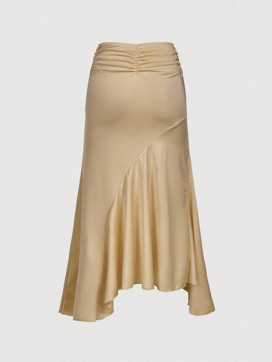 SHEIN MOD High Waist Ruffle Asymmetrical Hem Skirt Brown Midi Skirt Tie Skirt Wrap Skirt Asymmetrical Skirt Brown Tie Skirt