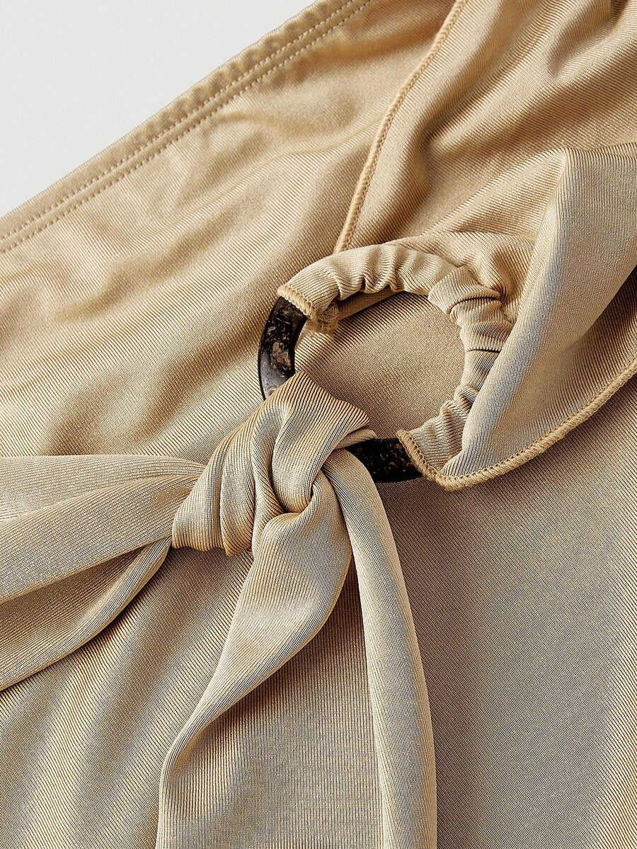 SHEIN MOD High Waist Ruffle Asymmetrical Hem Skirt Brown Midi Skirt Tie Skirt Wrap Skirt Asymmetrical Skirt Brown Tie Skirt