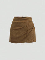 Sweetra Vintage Italian Style Maillard Color Pleated Bodycon Skirt, Sexy & Alluring For Autumn/Winter