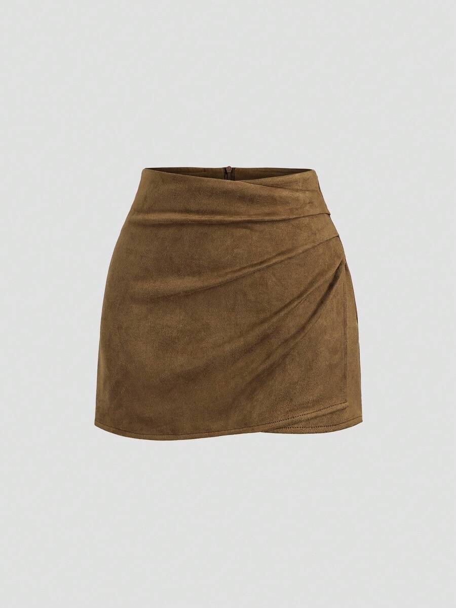 Sweetra Vintage Italian Style Maillard Color Pleated Bodycon Skirt, Sexy & Alluring For Autumn/Winter