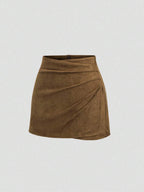 Sweetra Vintage Italian Style Maillard Color Pleated Bodycon Skirt, Sexy & Alluring For Autumn/Winter