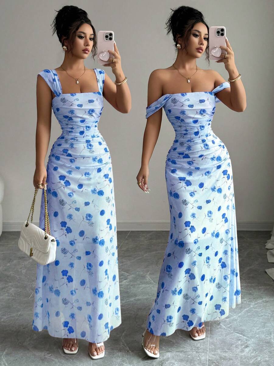 Elenzga New Women's Square Neck Mesh Floral Print Waist Ruched A-Line Maxi Dress, Elegant For Dates, Vacation, Waist Cinching, Flattering, Spring/Summer