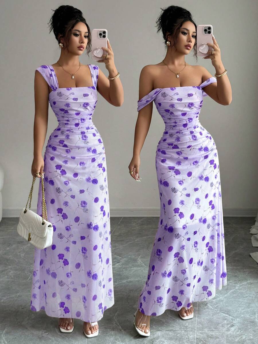 Elenzga New Women's Square Neck Mesh Floral Print Waist Ruched A-Line Maxi Dress, Elegant For Dates, Vacation, Waist Cinching, Flattering, Spring/Summer