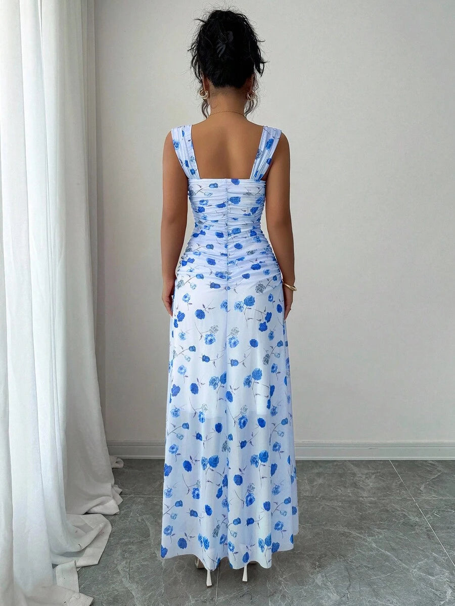 Elenzga New Women's Square Neck Mesh Floral Print Waist Ruched A-Line Maxi Dress, Elegant For Dates, Vacation, Waist Cinching, Flattering, Spring/Summer