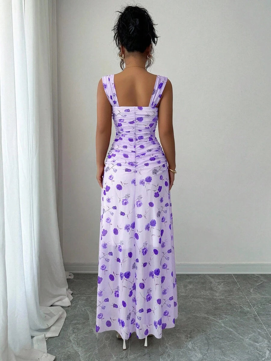 Elenzga New Women's Square Neck Mesh Floral Print Waist Ruched A-Line Maxi Dress, Elegant For Dates, Vacation, Waist Cinching, Flattering, Spring/Summer