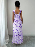 Elenzga New Women's Square Neck Mesh Floral Print Waist Ruched A-Line Maxi Dress, Elegant For Dates, Vacation, Waist Cinching, Flattering, Spring/Summer