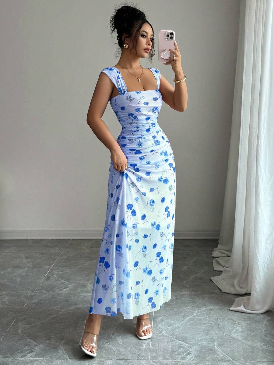 Elenzga New Women's Square Neck Mesh Floral Print Waist Ruched A-Line Maxi Dress, Elegant For Dates, Vacation, Waist Cinching, Flattering, Spring/Summer