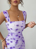 Elenzga New Women's Square Neck Mesh Floral Print Waist Ruched A-Line Maxi Dress, Elegant For Dates, Vacation, Waist Cinching, Flattering, Spring/Summer
