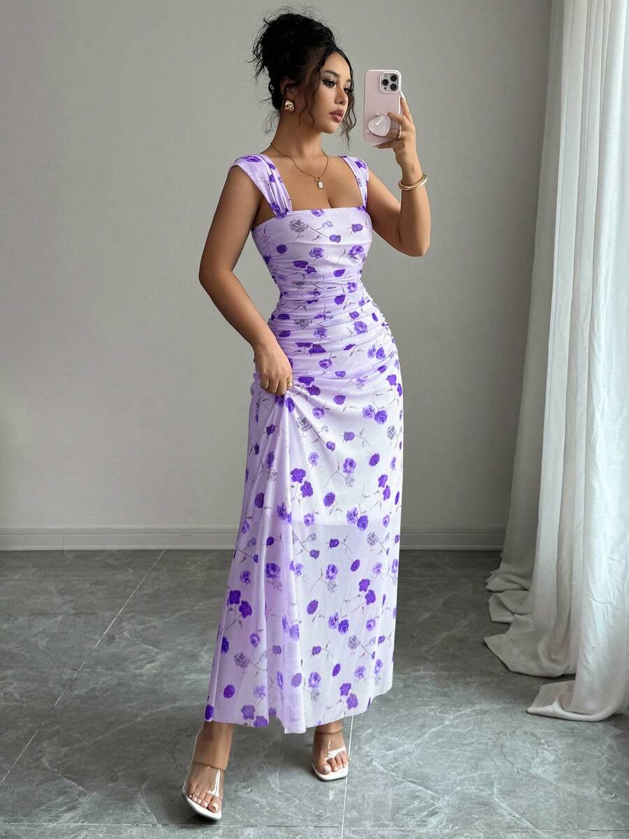 Elenzga New Women's Square Neck Mesh Floral Print Waist Ruched A-Line Maxi Dress, Elegant For Dates, Vacation, Waist Cinching, Flattering, Spring/Summer