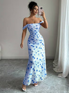 Elenzga New Women's Square Neck Mesh Floral Print Waist Ruched A-Line Maxi Dress, Elegant For Dates, Vacation, Waist Cinching, Flattering, Spring/Summer