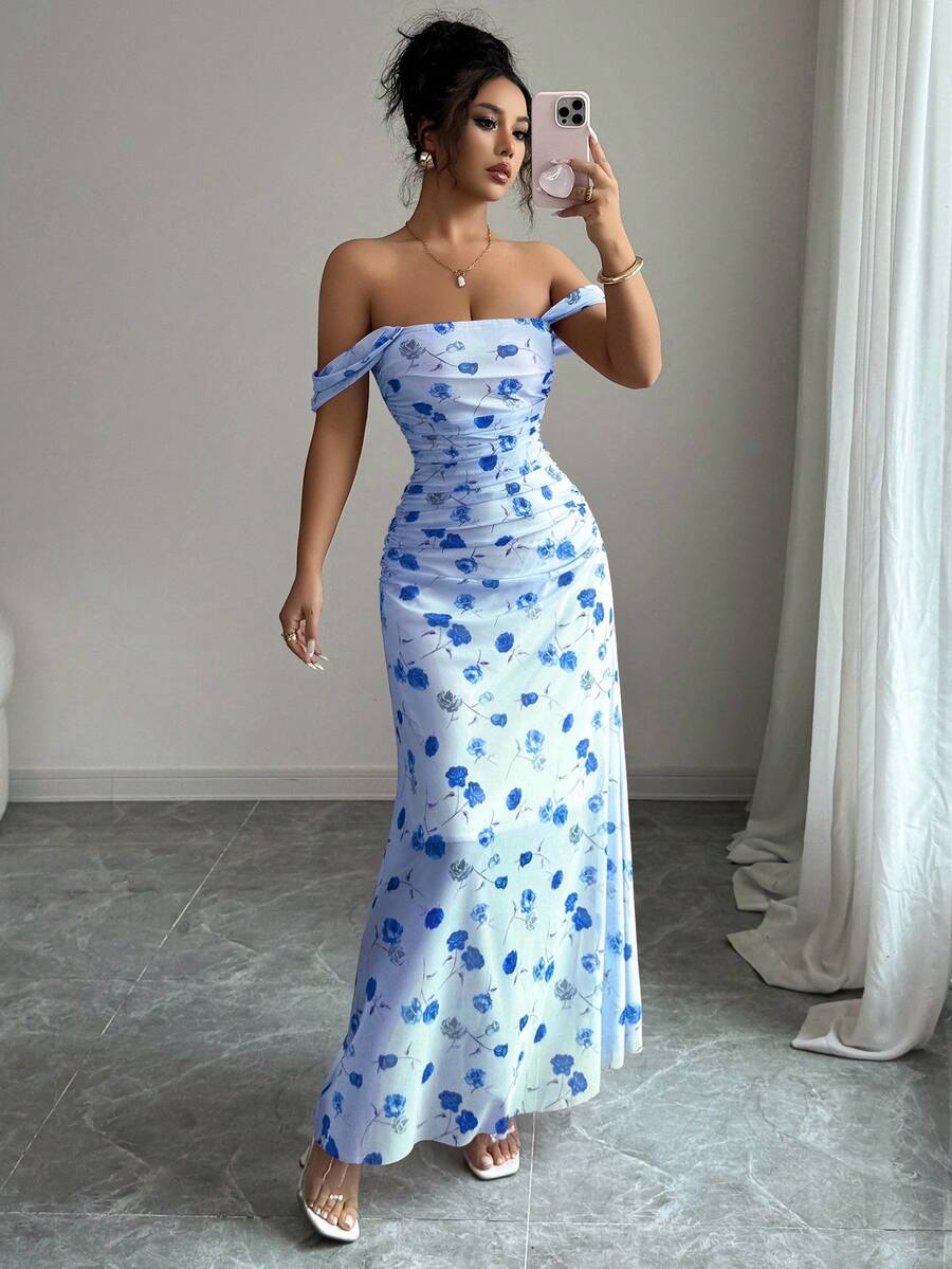 Elenzga New Women's Square Neck Mesh Floral Print Waist Ruched A-Line Maxi Dress, Elegant For Dates, Vacation, Waist Cinching, Flattering, Spring/Summer