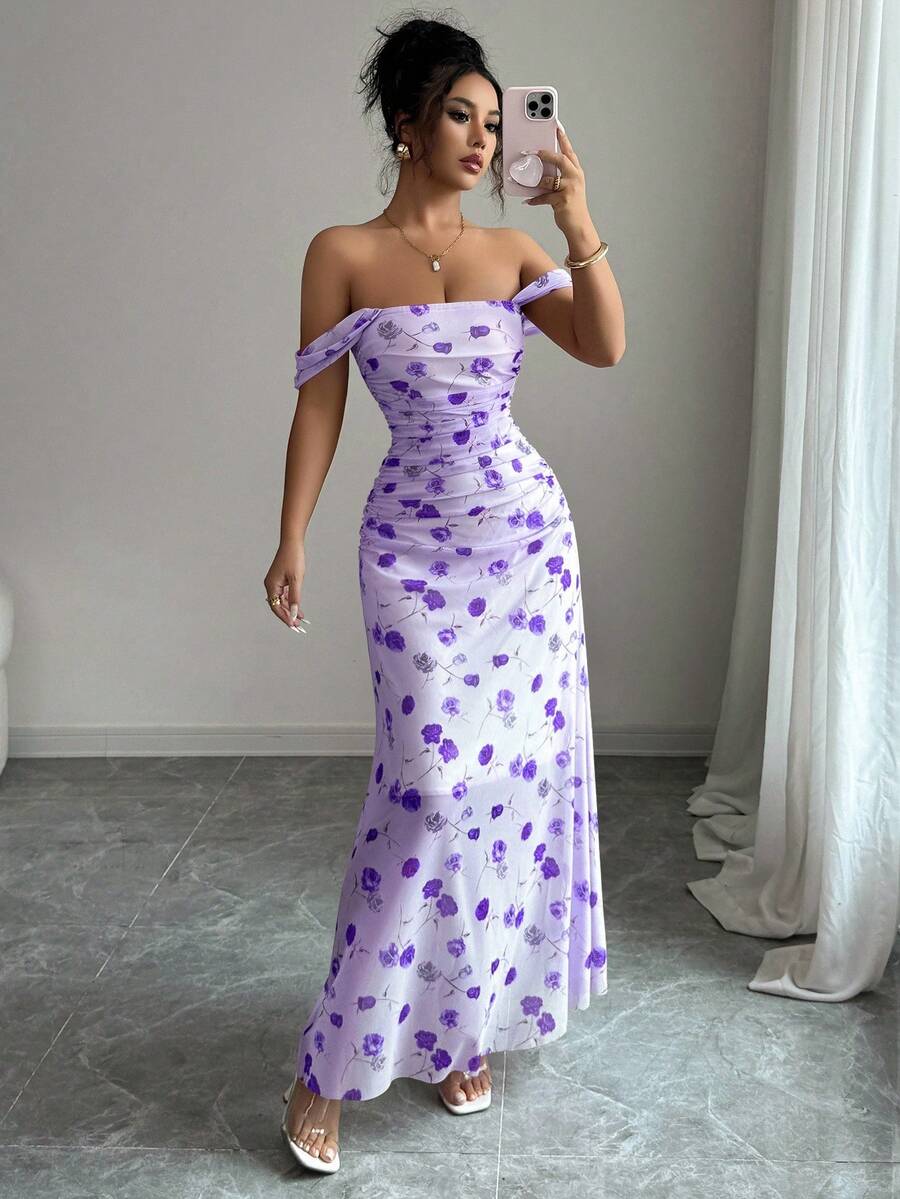 Elenzga New Women's Square Neck Mesh Floral Print Waist Ruched A-Line Maxi Dress, Elegant For Dates, Vacation, Waist Cinching, Flattering, Spring/Summer