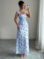Elenzga New Women's Square Neck Mesh Floral Print Waist Ruched A-Line Maxi Dress, Elegant For Dates, Vacation, Waist Cinching, Flattering, Spring/Summer