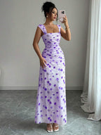 Elenzga New Women's Square Neck Mesh Floral Print Waist Ruched A-Line Maxi Dress, Elegant For Dates, Vacation, Waist Cinching, Flattering, Spring/Summer
