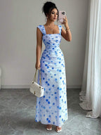 Elenzga New Women's Square Neck Mesh Floral Print Waist Ruched A-Line Maxi Dress, Elegant For Dates, Vacation, Waist Cinching, Flattering, Spring/Summer