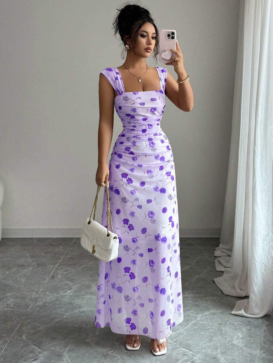 Elenzga New Women's Square Neck Mesh Floral Print Waist Ruched A-Line Maxi Dress, Elegant For Dates, Vacation, Waist Cinching, Flattering, Spring/Summer