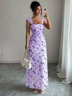 Elenzga New Women's Square Neck Mesh Floral Print Waist Ruched A-Line Maxi Dress, Elegant For Dates, Vacation, Waist Cinching, Flattering, Spring/Summer