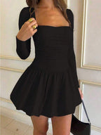 Elegant Vintage French Style Long Sleeve A-Line Dress, Pleated Collar Waist Cinched Casual Midi Length Dress For Women