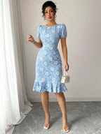 2025 Spring Summer Women's Summer Elegant Jacquard Texture Solid Color Round Neck Ruffled Skirt Puffy Sleeve Mid-Length Dress