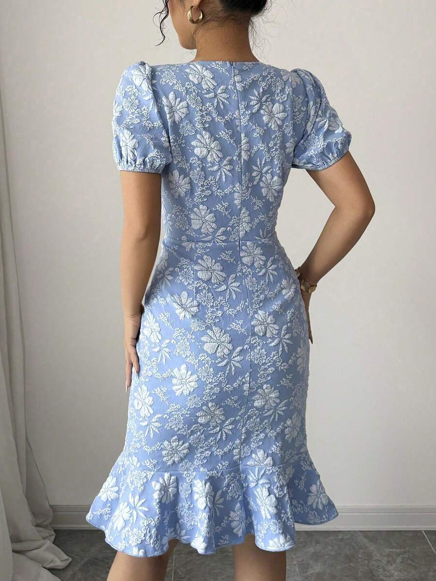 2025 Spring Summer Women's Summer Elegant Jacquard Texture Solid Color Round Neck Ruffled Skirt Puffy Sleeve Mid-Length Dress