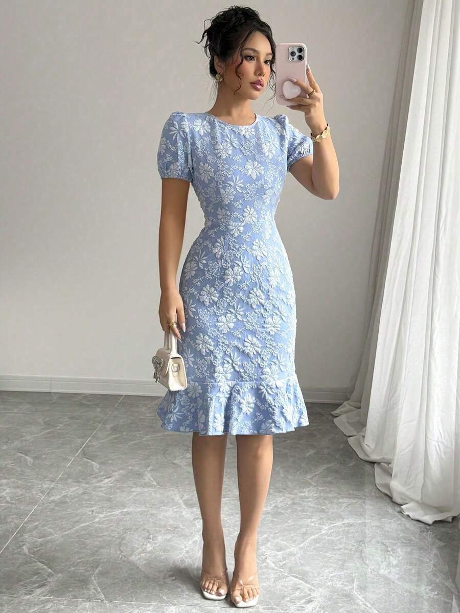 2025 Spring Summer Women's Summer Elegant Jacquard Texture Solid Color Round Neck Ruffled Skirt Puffy Sleeve Mid-Length Dress