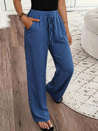 EMERY ROSE Women's Denim Effect Linen Blend Pants With Lace Hem Fall Cloth For Women