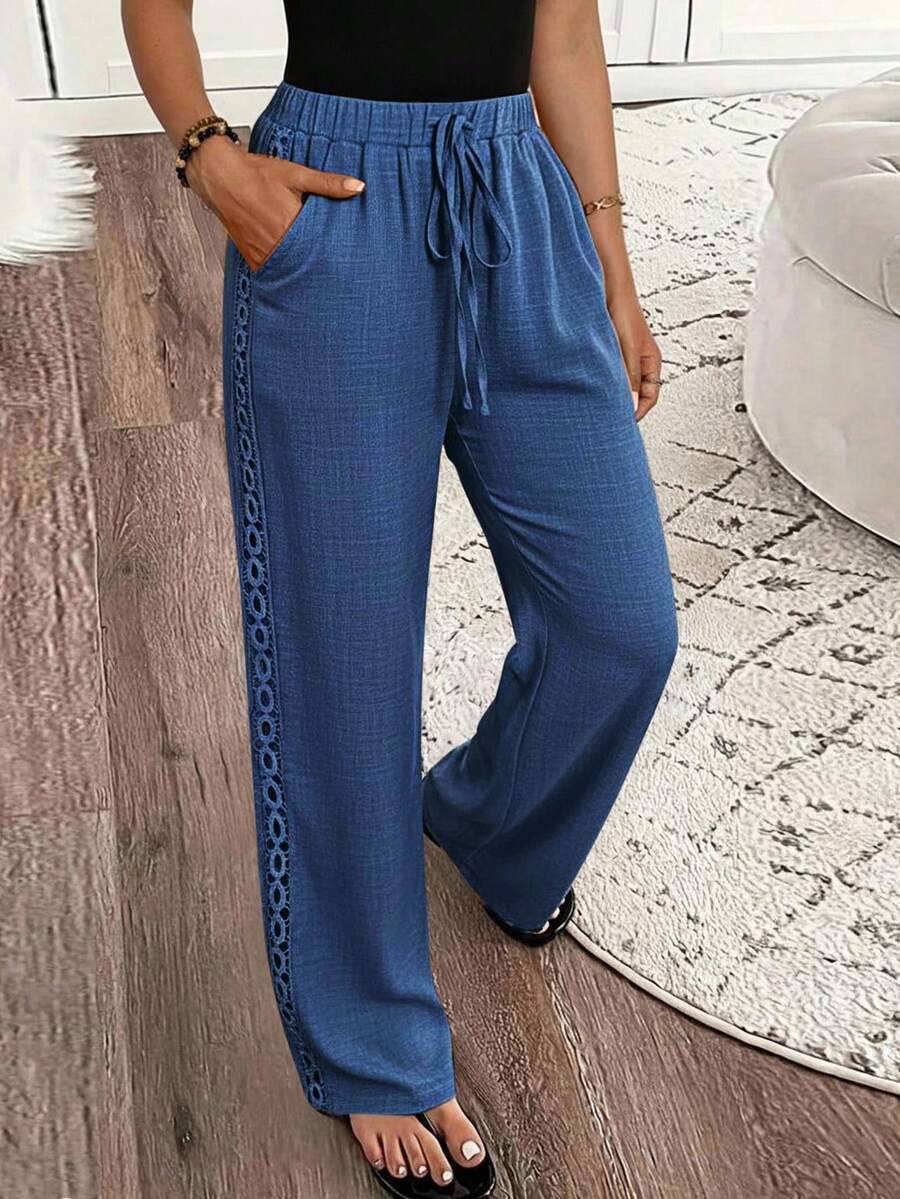 EMERY ROSE Women's Denim Effect Linen Blend Pants With Lace Hem Fall Cloth For Women