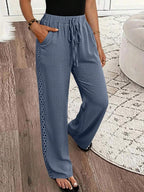 EMERY ROSE Women's Denim Effect Linen Blend Pants With Lace Hem Fall Cloth For Women