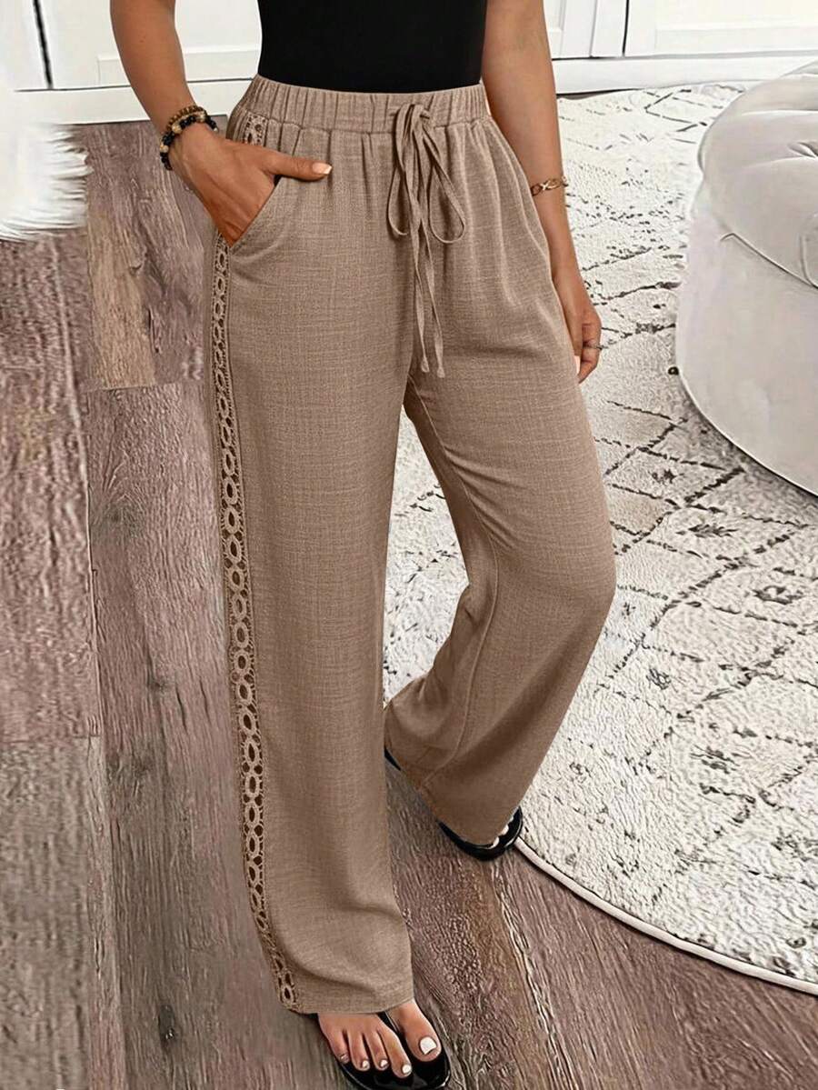 EMERY ROSE Women's Denim Effect Linen Blend Pants With Lace Hem Fall Cloth For Women