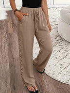 EMERY ROSE Women's Denim Effect Linen Blend Pants With Lace Hem Fall Cloth For Women