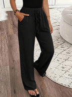 EMERY ROSE Women's Denim Effect Linen Blend Pants With Lace Hem Fall Cloth For Women