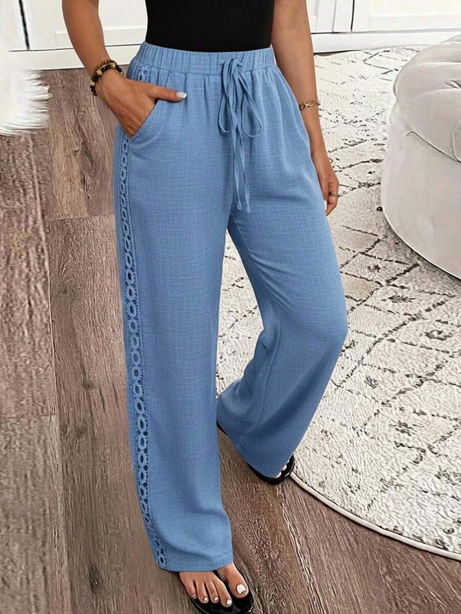 EMERY ROSE Women's Denim Effect Linen Blend Pants With Lace Hem Fall Cloth For Women