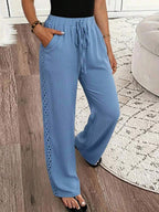 EMERY ROSE Women's Denim Effect Linen Blend Pants With Lace Hem Fall Cloth For Women