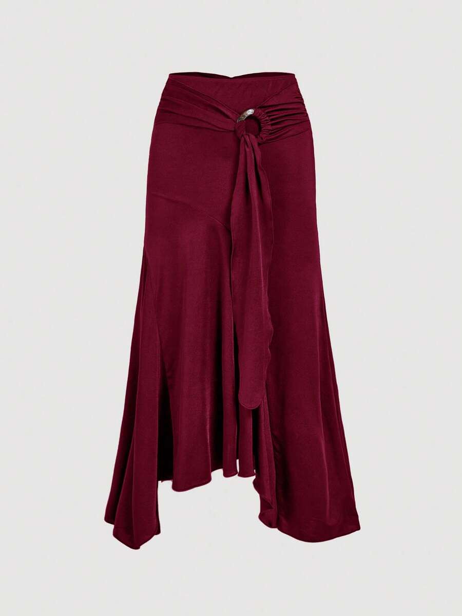 SHEIN MOD High Waist Ruffle Asymmetrical Hem Skirt Brown Midi Skirt Tie Skirt Wrap Skirt Asymmetrical Skirt Brown Tie Skirt