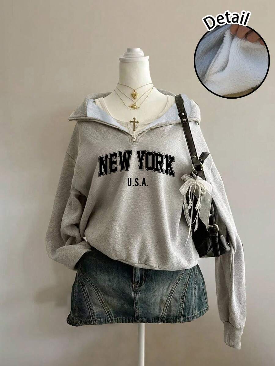 Attitoon Women's Loose Half-Zip High Neck Fleece Sweatshirt, Suitable For Autumn/Winter, Vintage, American Casual Style, 1997 Print,Fall,Chic,Grey,